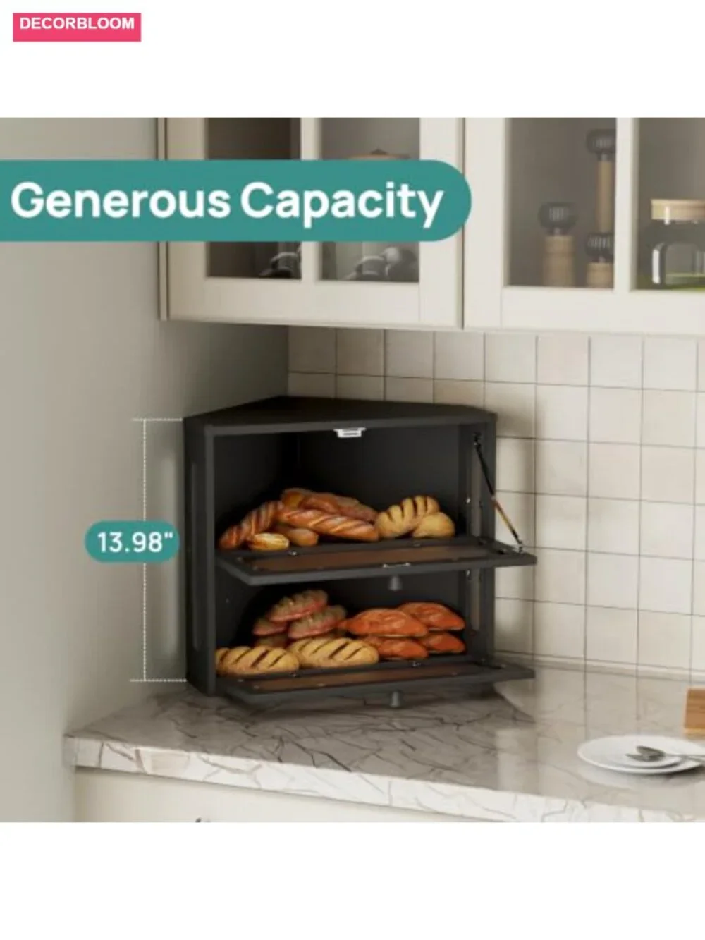Bamboo Corner Bread Box with Acrylic Door, Large Dual-Tier Kitchen Storage